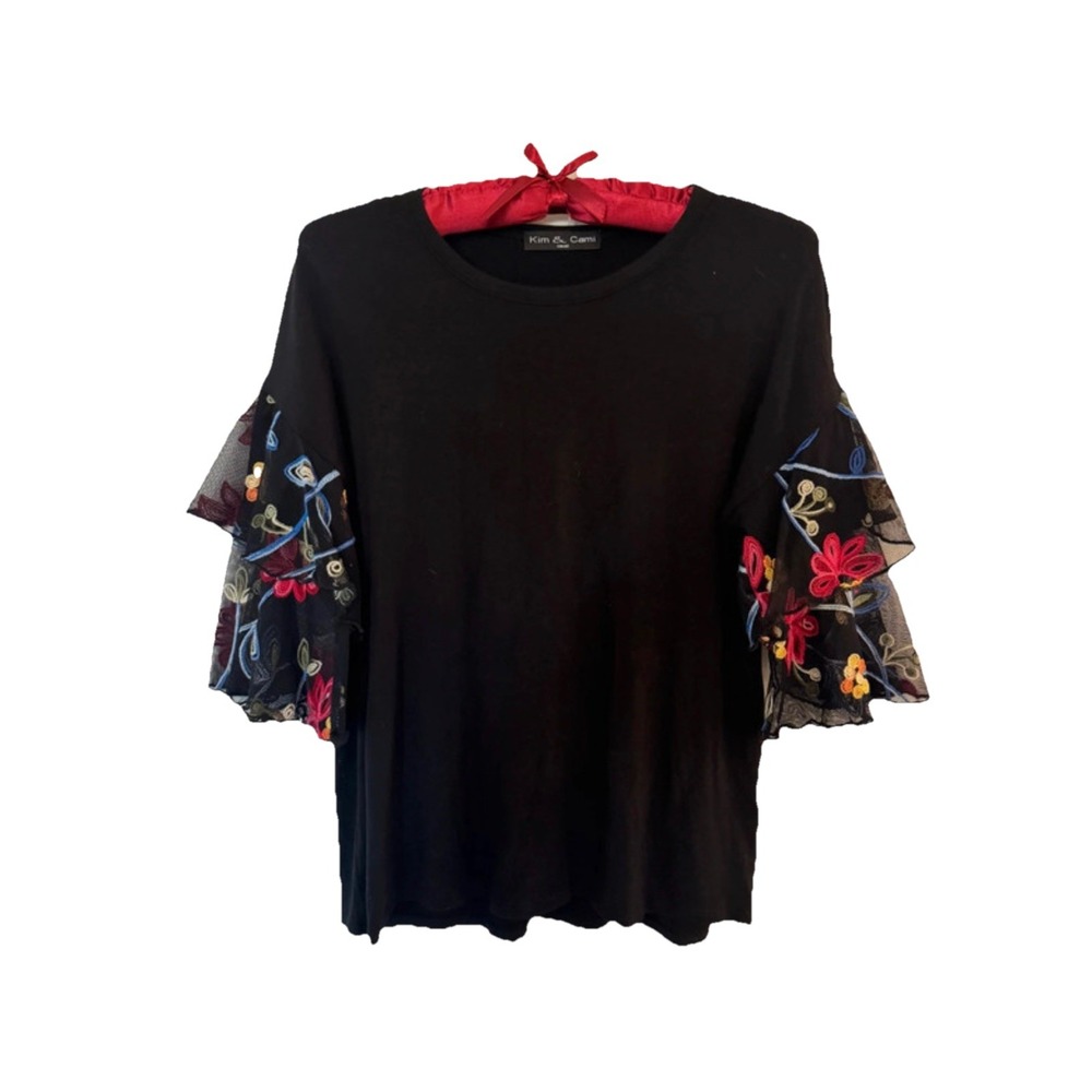 Kim & Cami Jersey Top Womens Black 3/4 Flutter Embroidered Lace Sleeves Small